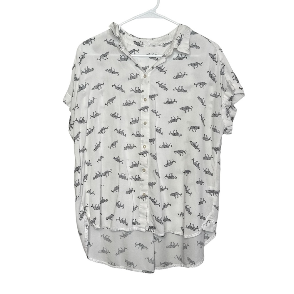 Jane + Delancey Women's Black & White Jaguar Button Short Sleeve Shirt Large